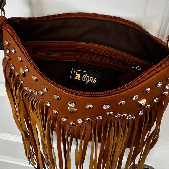 LaTique Crossbody Bag with Fringe and Rhinestones 9x9" - Picture 8 of 12